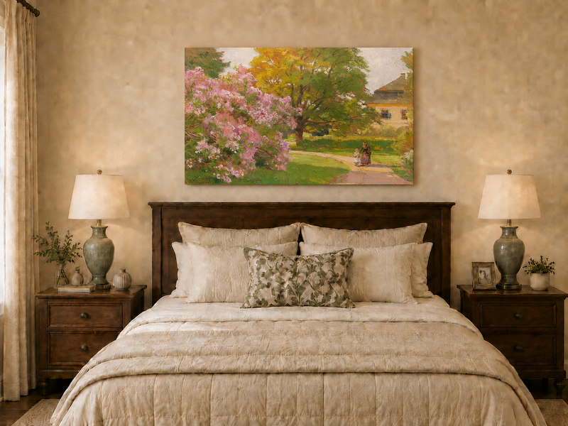 Landscape Oil Painting - Blooming Garden Path and Cottage Scene