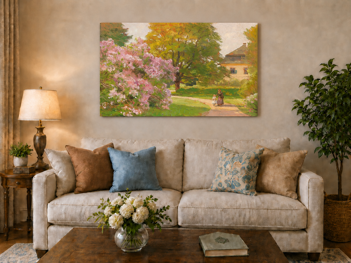 Landscape Oil Painting - Blooming Garden Path and Cottage Scene
