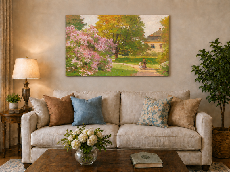 Landscape Oil Painting - Blooming Garden Path and Cottage Scene