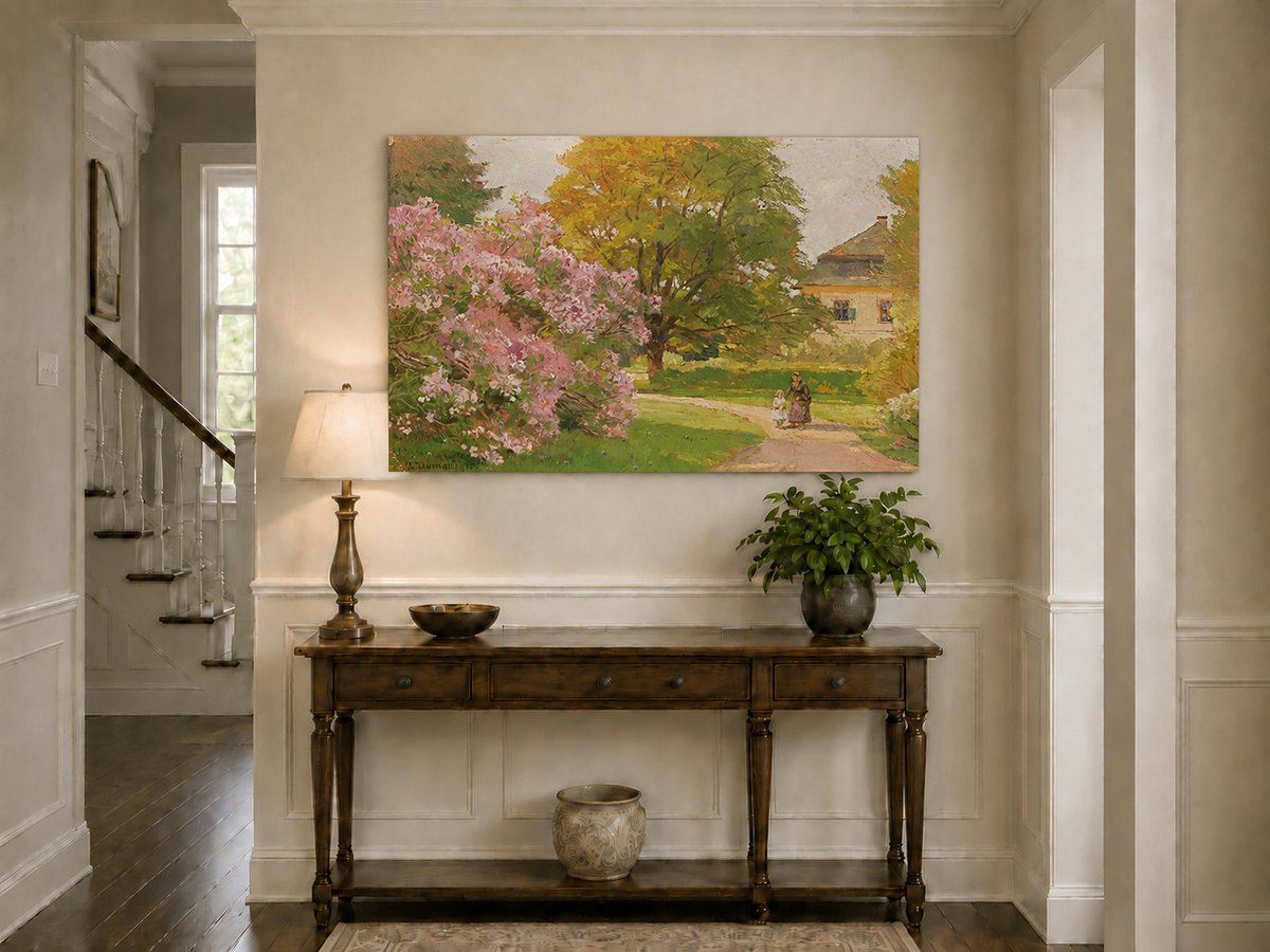 Landscape Oil Painting - Blooming Garden Path and Cottage Scene