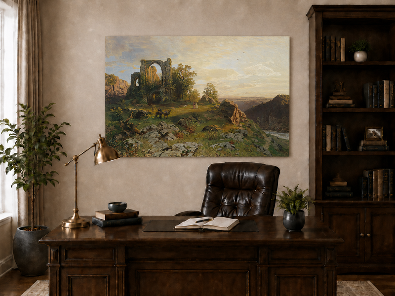 Landscape Oil Painting - Abbey Ruins on Rocky Valley Cliff