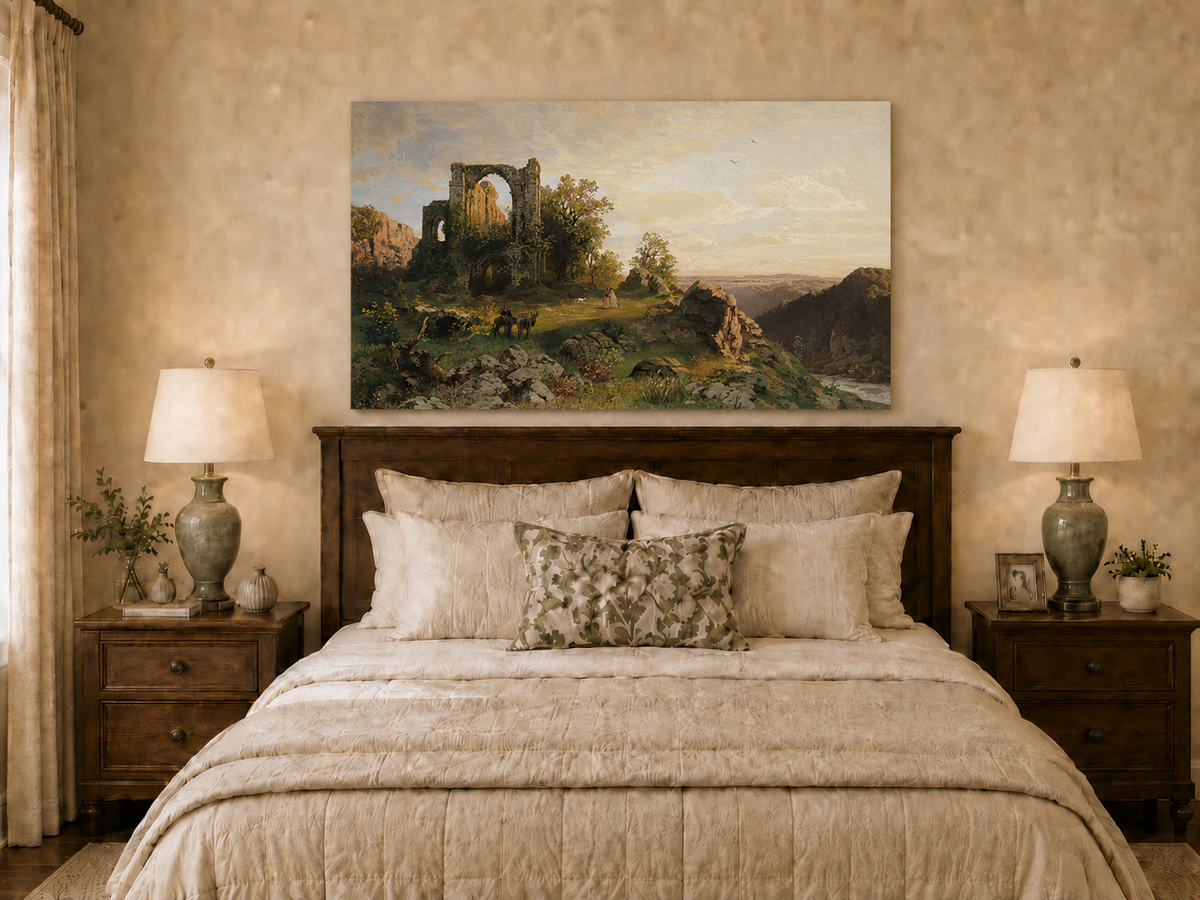 Landscape Oil Painting - Abbey Ruins on Rocky Valley Cliff