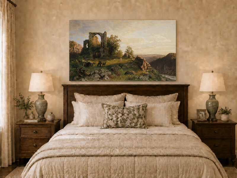 Landscape Oil Painting - Abbey Ruins on Rocky Valley Cliff