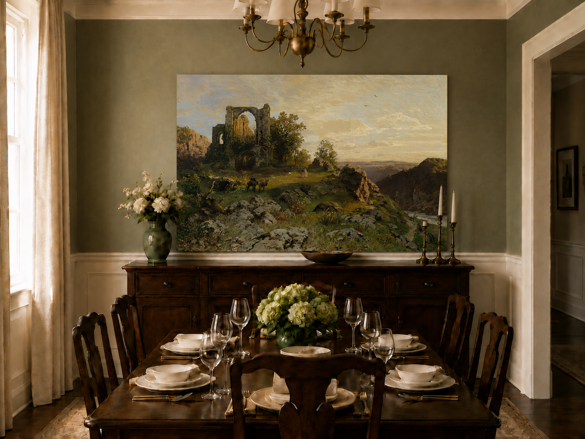 Landscape Oil Painting - Abbey Ruins on Rocky Valley Cliff
