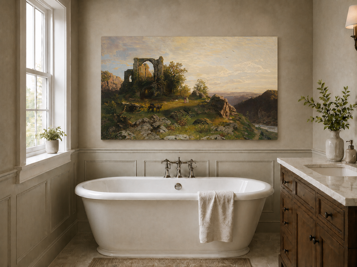 Landscape Oil Painting - Abbey Ruins on Rocky Valley Cliff