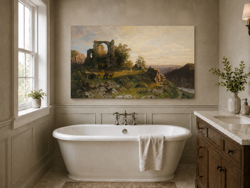 Landscape Oil Painting - Abbey Ruins on Rocky Valley Cliff