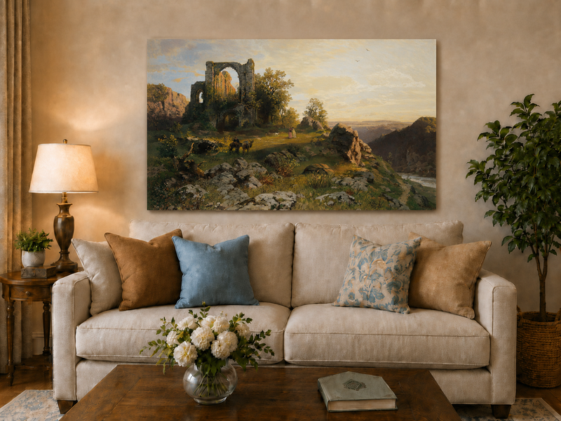 Landscape Oil Painting - Abbey Ruins on Rocky Valley Cliff