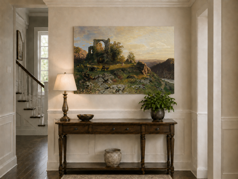 Landscape Oil Painting - Abbey Ruins on Rocky Valley Cliff