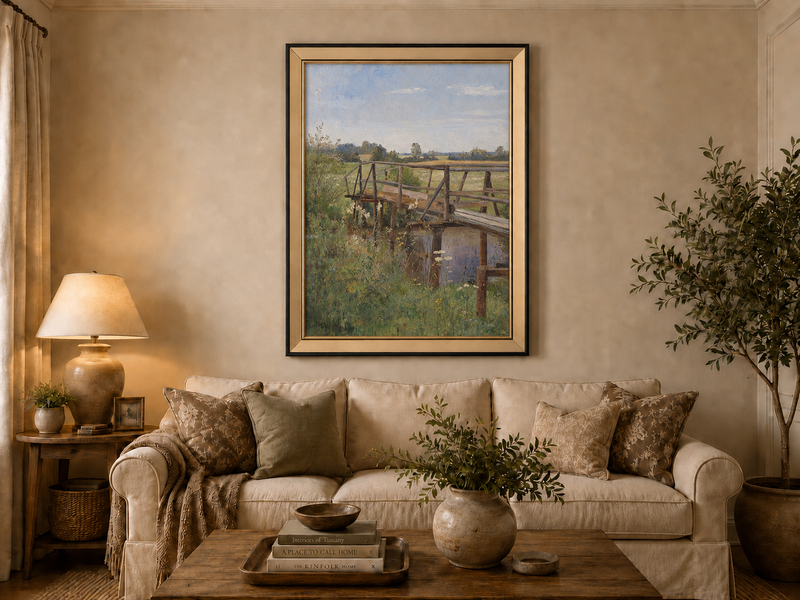 Landscape Oil Painting - Rural Wooden Bridge