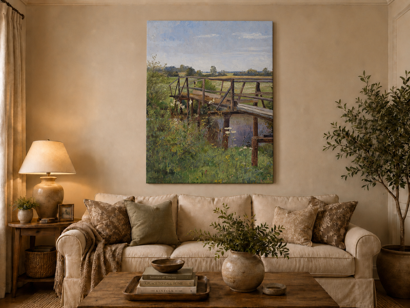 Landscape Oil Painting - Rural Wooden Bridge