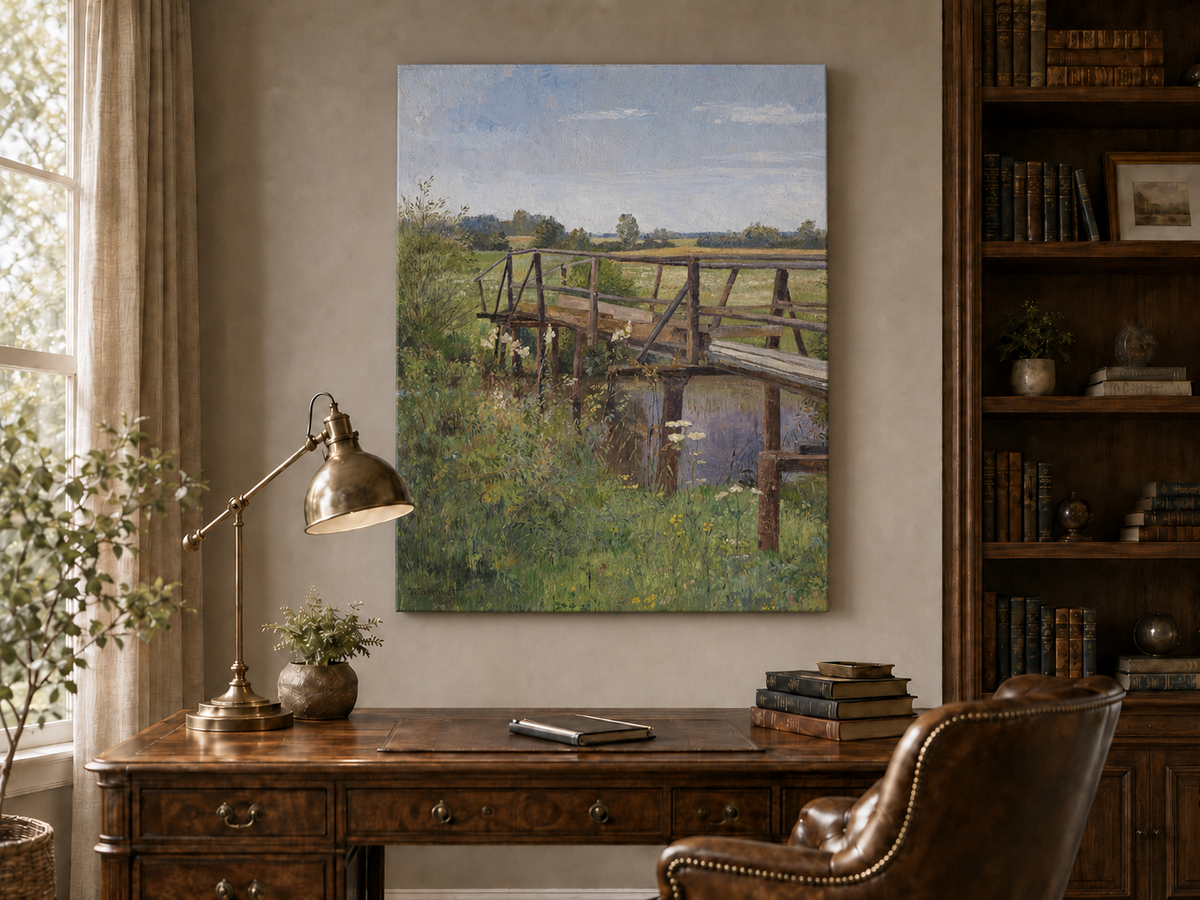 Landscape Oil Painting - Rural Wooden Bridge