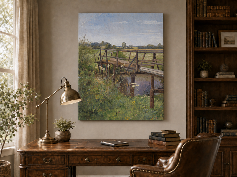 Landscape Oil Painting - Rural Wooden Bridge