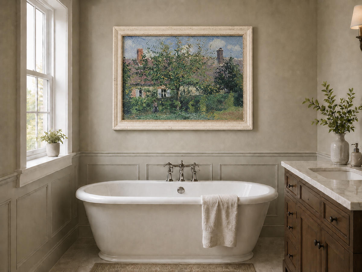 Peinture à l'huile de paysage - Rivière printanière avec pêcheur et arbres