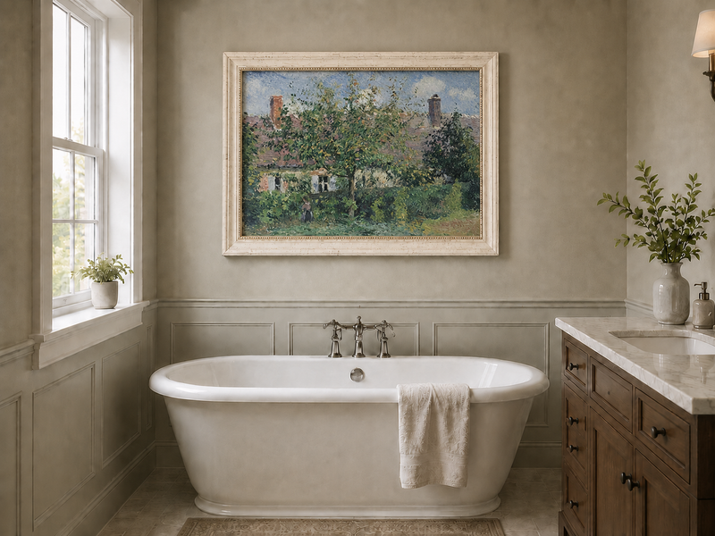 Peinture à l'huile de paysage - Rivière printanière avec pêcheur et arbres