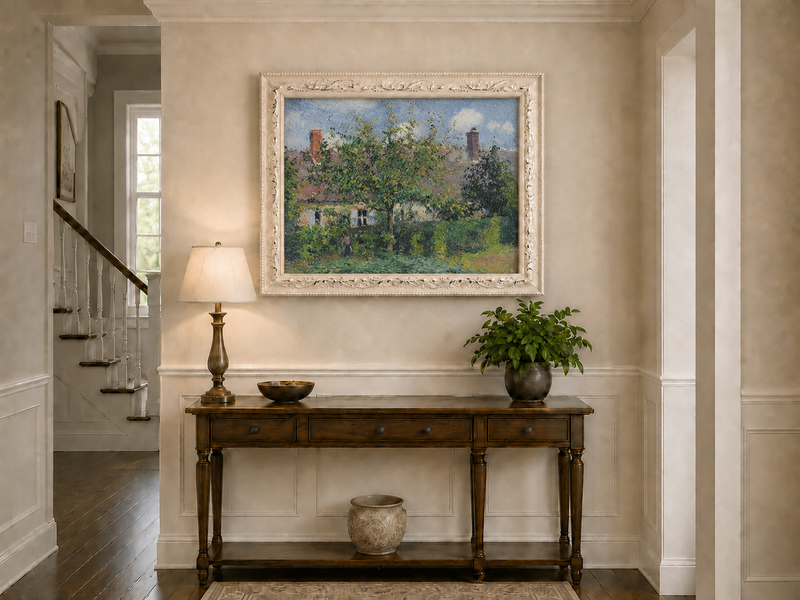 Peinture à l'huile de paysage - Rivière printanière avec pêcheur et arbres