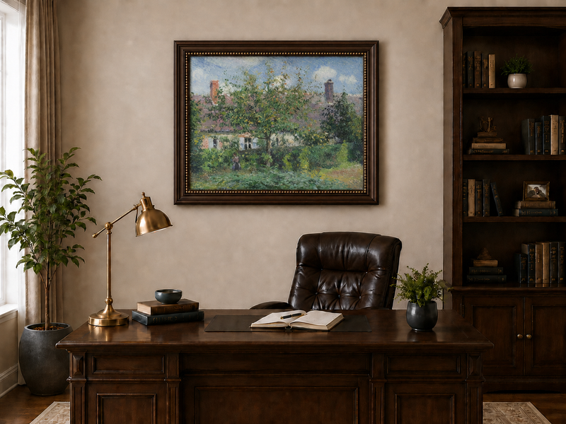Peinture à l'huile de paysage - Rivière printanière avec pêcheur et arbres