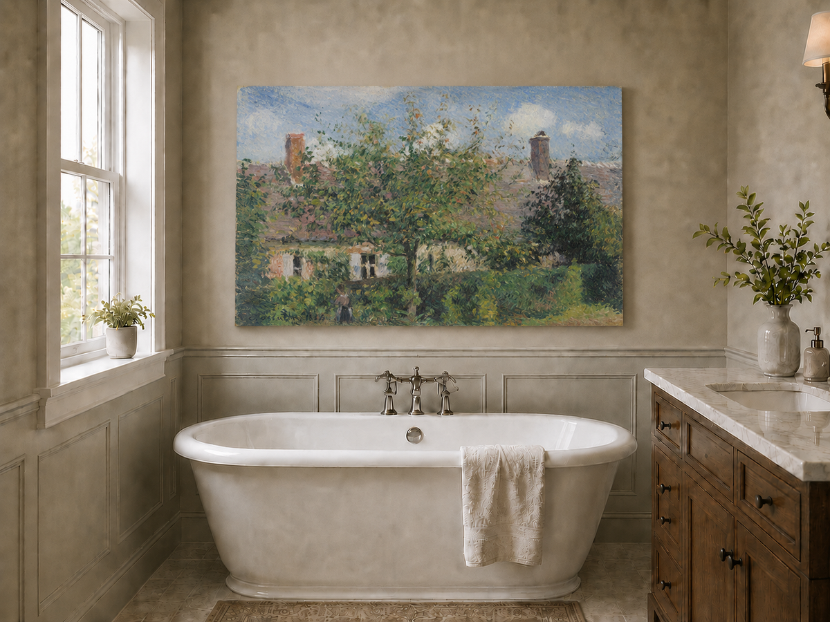 Peinture à l'huile de paysage - Rivière printanière avec pêcheur et arbres