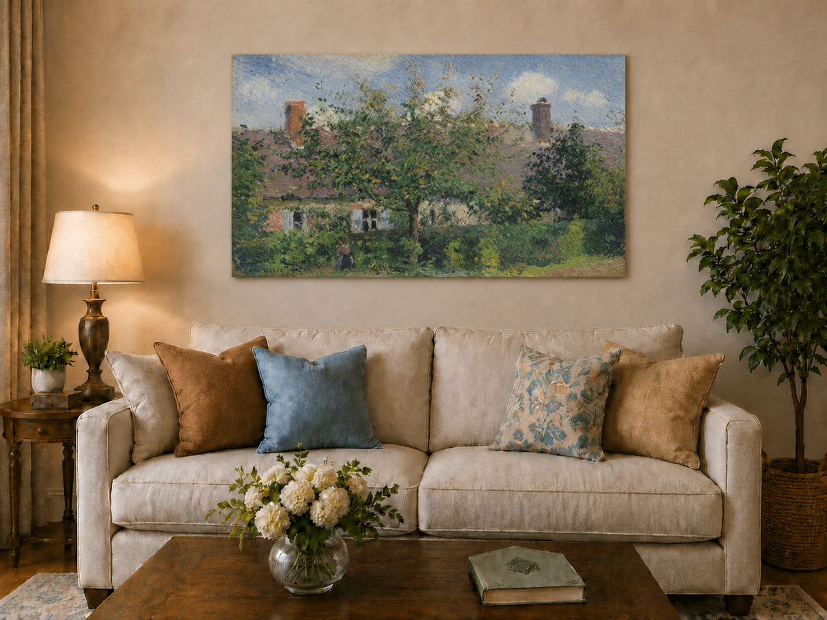 Peinture à l'huile de paysage - Rivière printanière avec pêcheur et arbres