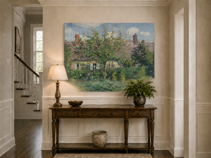 Peinture à l'huile de paysage - Rivière printanière avec pêcheur et arbres