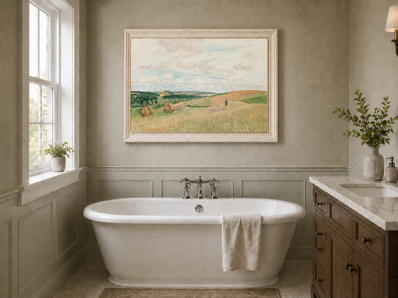 Landscape Oil Painting - Pastel Harvest Fields with Haystacks