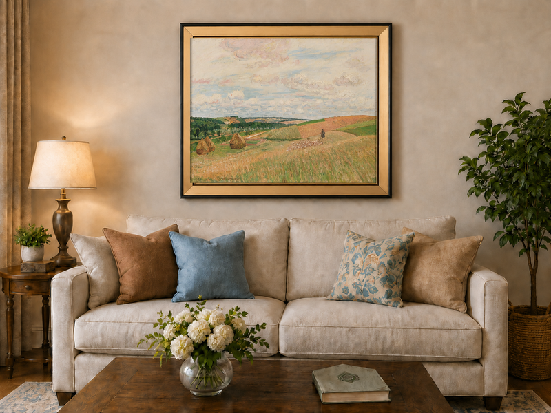 Landscape Oil Painting - Pastel Harvest Fields with Haystacks
