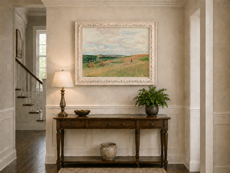 Landscape Oil Painting - Pastel Harvest Fields with Haystacks