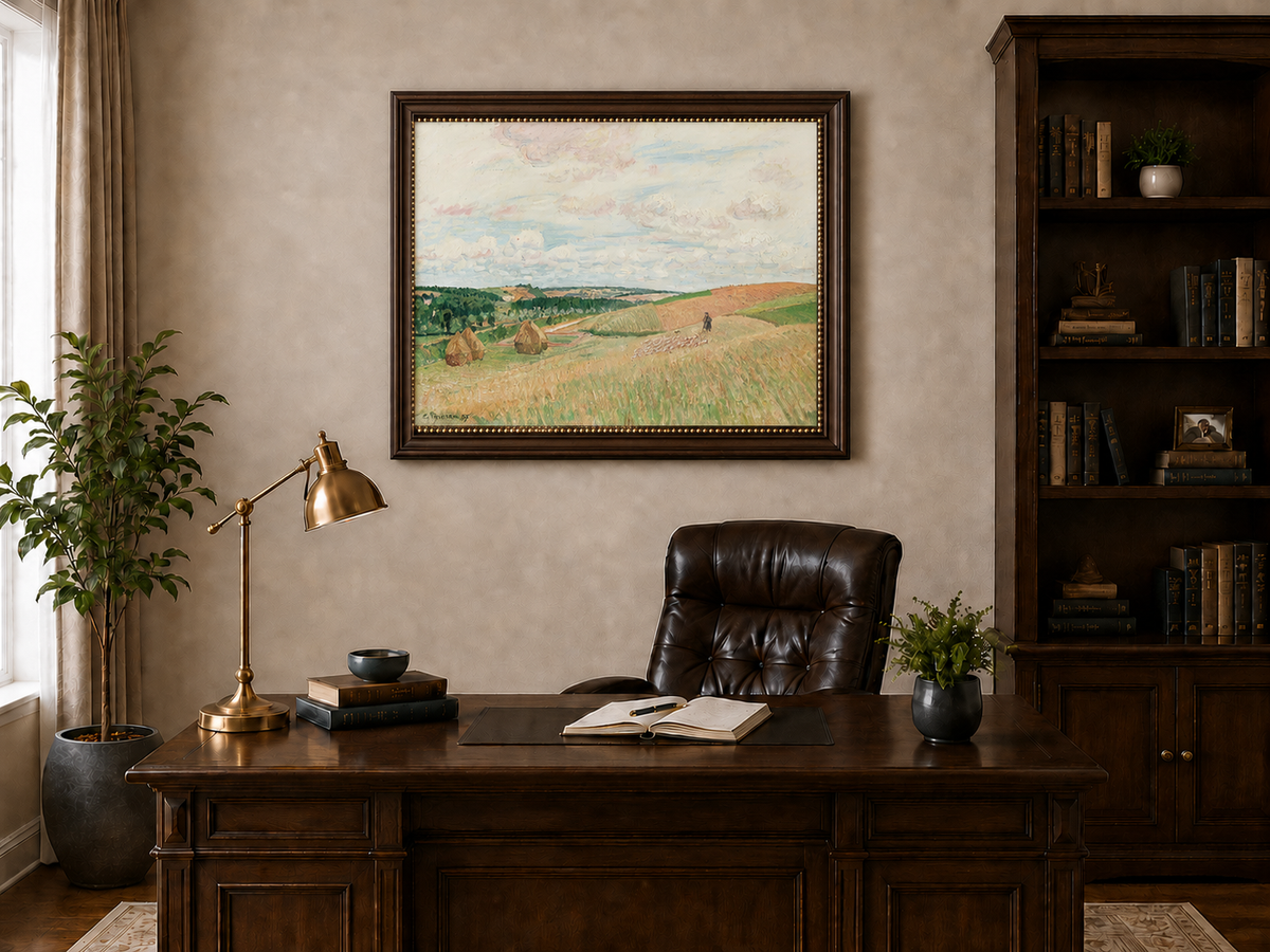 Landscape Oil Painting - Pastel Harvest Fields with Haystacks