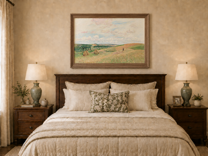 Landscape Oil Painting - Pastel Harvest Fields with Haystacks