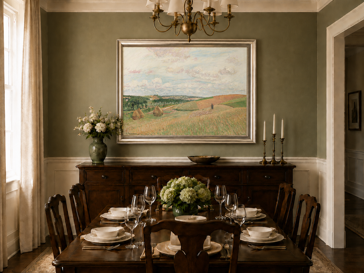 Landscape Oil Painting - Pastel Harvest Fields with Haystacks