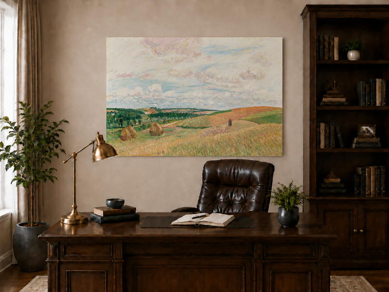Landscape Oil Painting - Pastel Harvest Fields with Haystacks