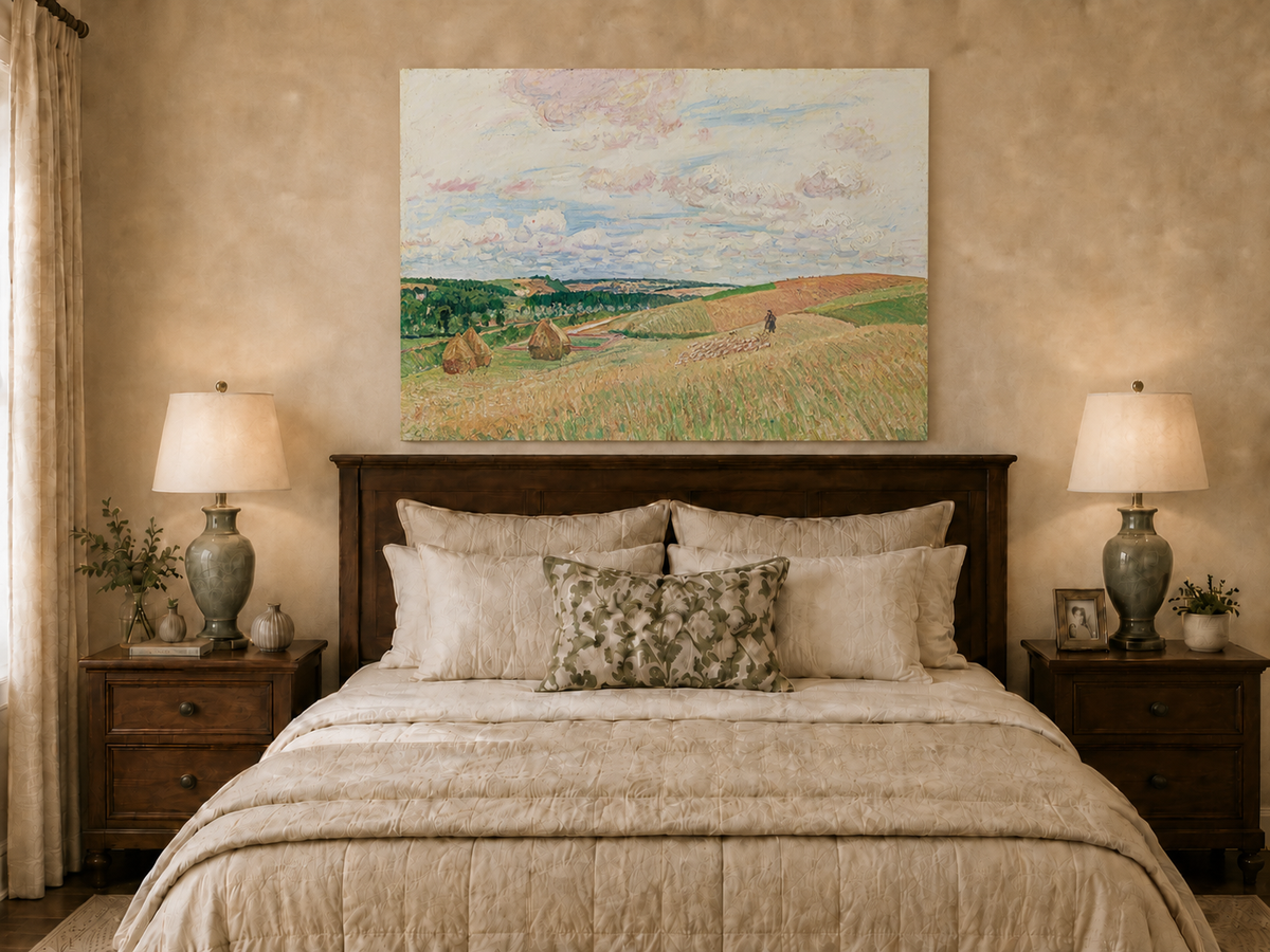 Landscape Oil Painting - Pastel Harvest Fields with Haystacks