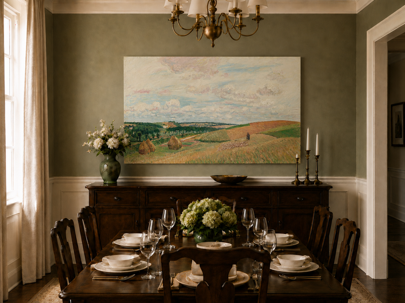 Landscape Oil Painting - Pastel Harvest Fields with Haystacks