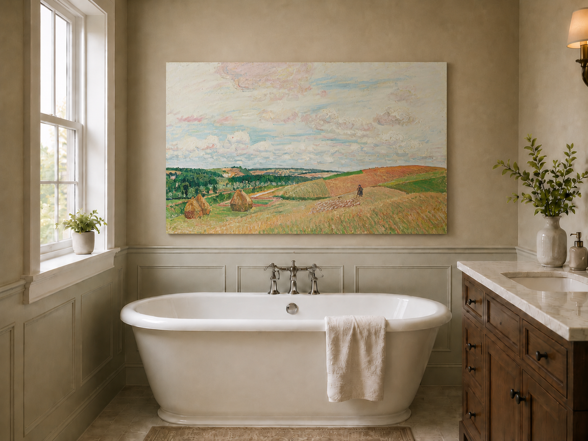 Landscape Oil Painting - Pastel Harvest Fields with Haystacks