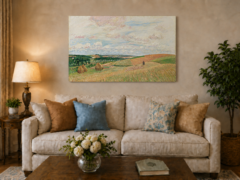 Landscape Oil Painting - Pastel Harvest Fields with Haystacks