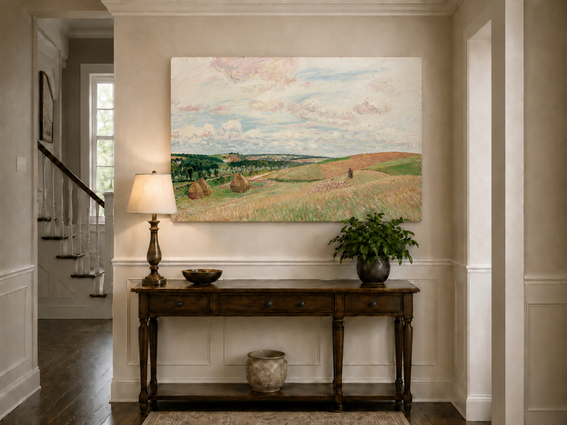 Landscape Oil Painting - Pastel Harvest Fields with Haystacks