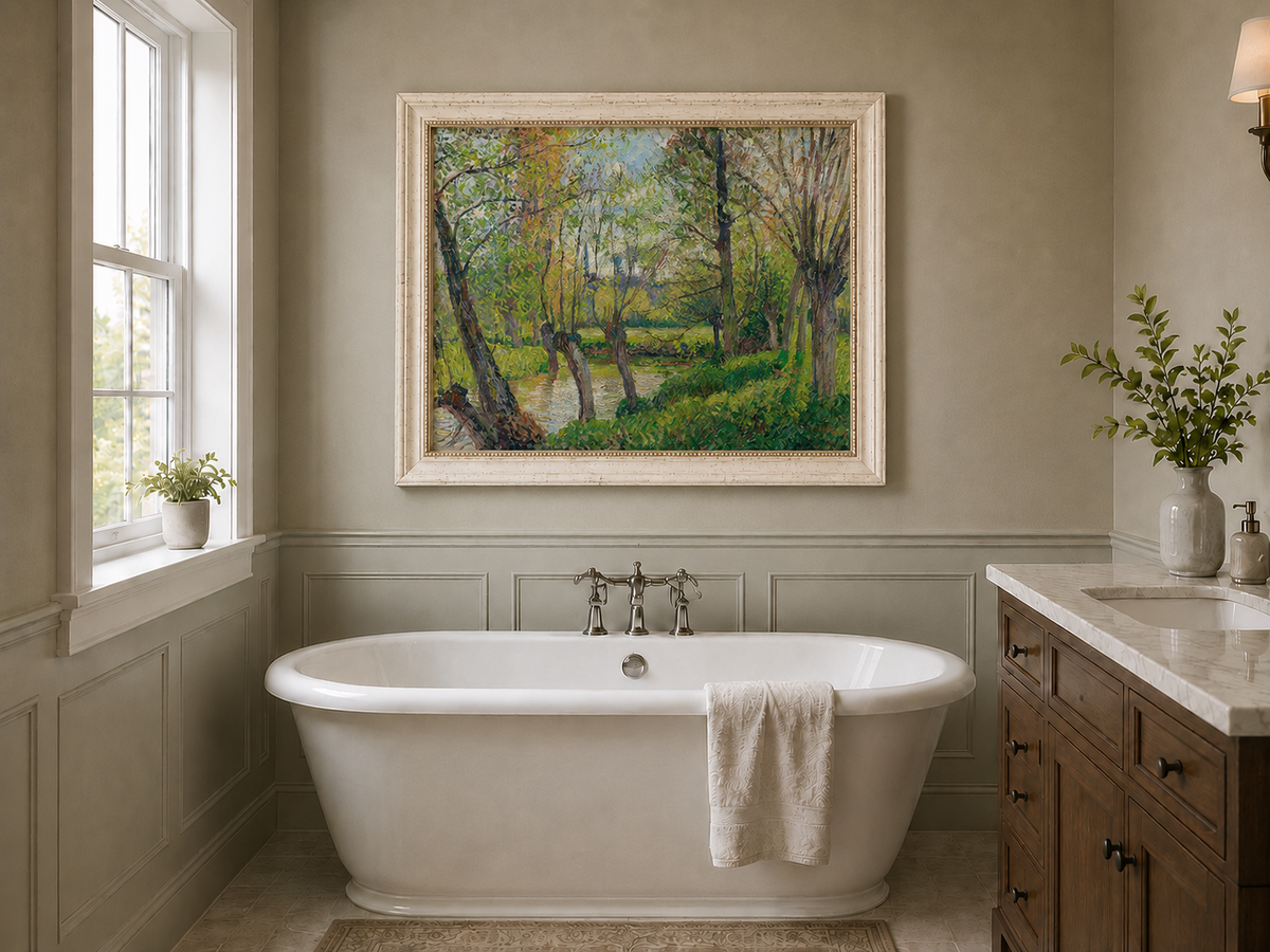Landscape Oil Painting - Sunlit Riverside Grove in Spring