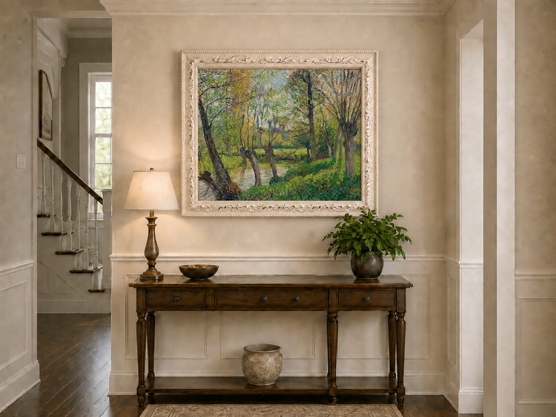 Landscape Oil Painting - Sunlit Riverside Grove in Spring