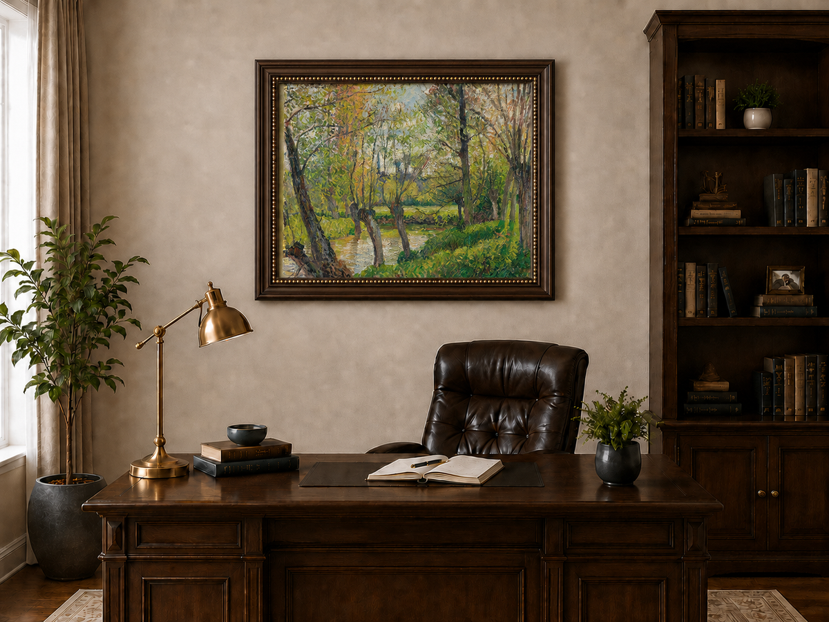 Landscape Oil Painting - Sunlit Riverside Grove in Spring