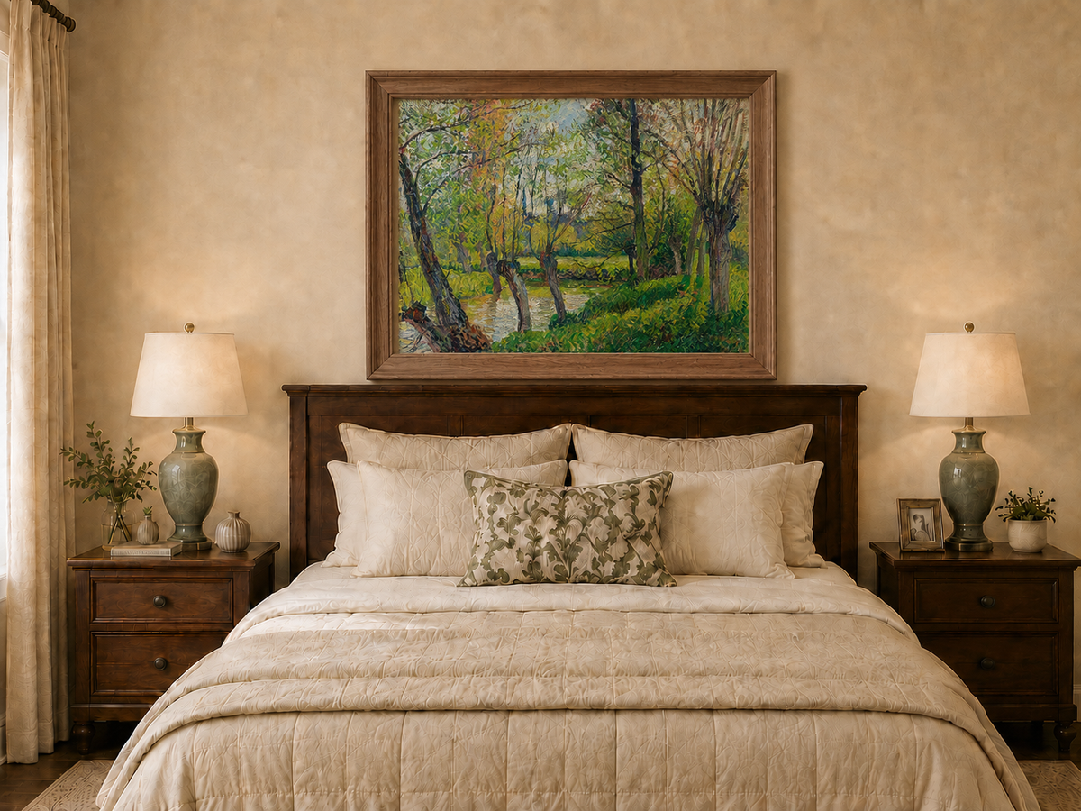 Landscape Oil Painting - Sunlit Riverside Grove in Spring