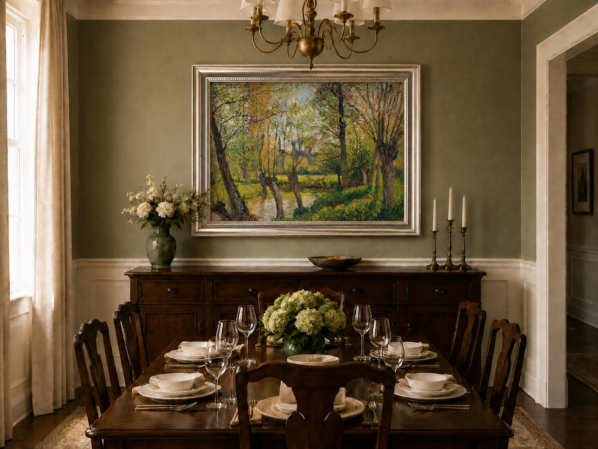 Landscape Oil Painting - Sunlit Riverside Grove in Spring