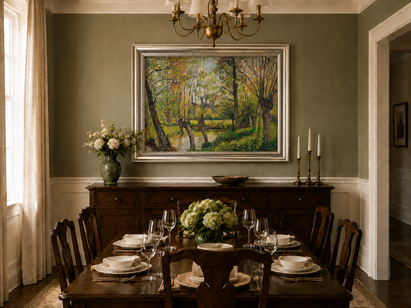 Landscape Oil Painting - Sunlit Riverside Grove in Spring