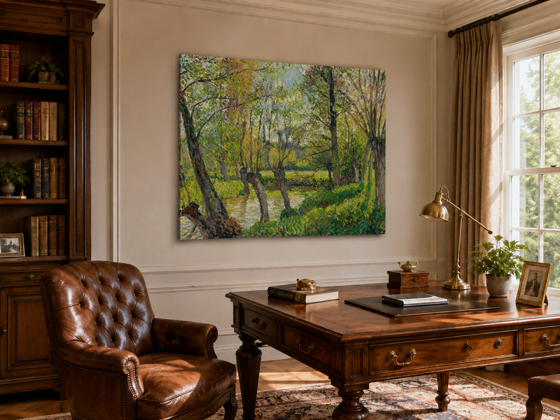 Landscape Oil Painting - Sunlit Riverside Grove in Spring