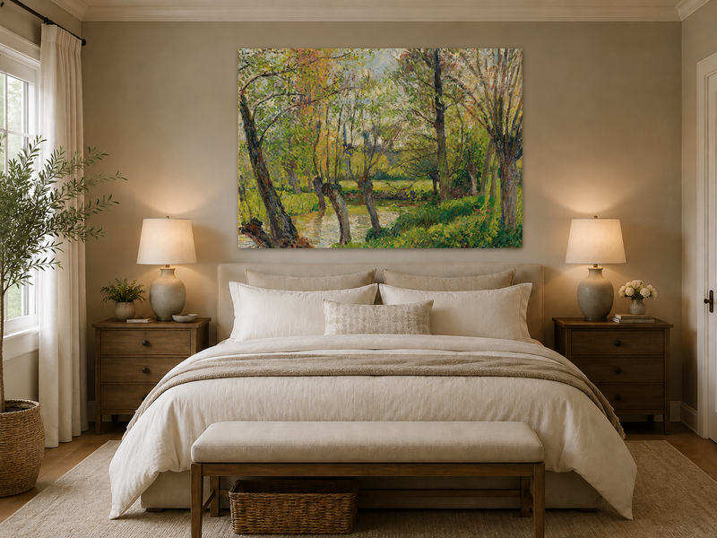 Landscape Oil Painting - Sunlit Riverside Grove in Spring