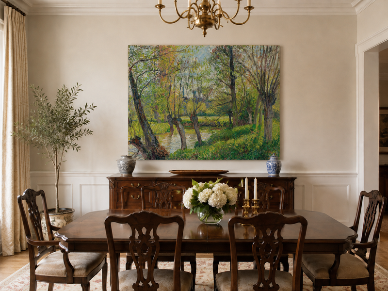 Landscape Oil Painting - Sunlit Riverside Grove in Spring