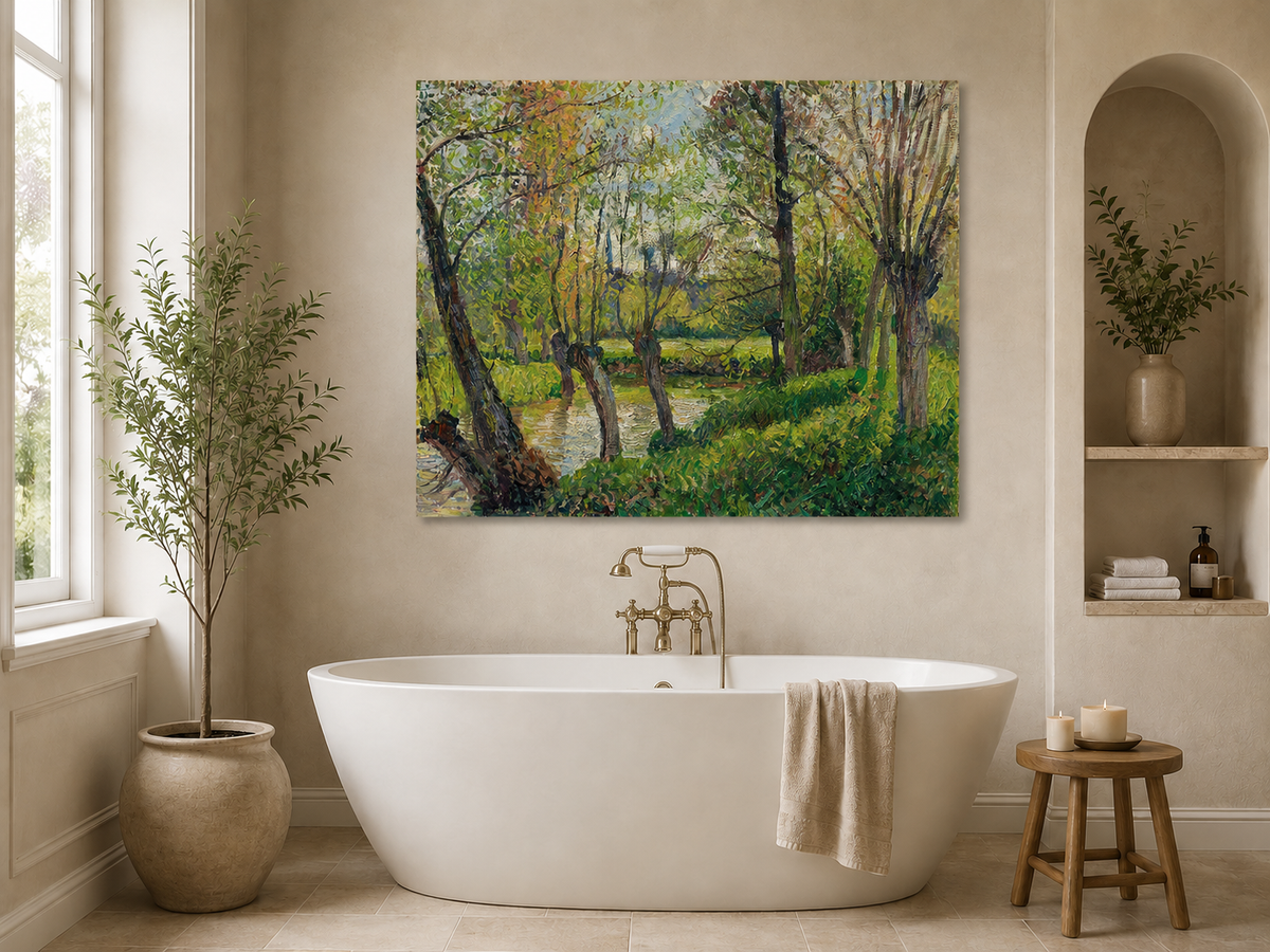 Landscape Oil Painting - Sunlit Riverside Grove in Spring