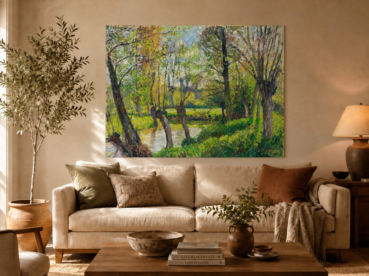 Landscape Oil Painting - Sunlit Riverside Grove in Spring