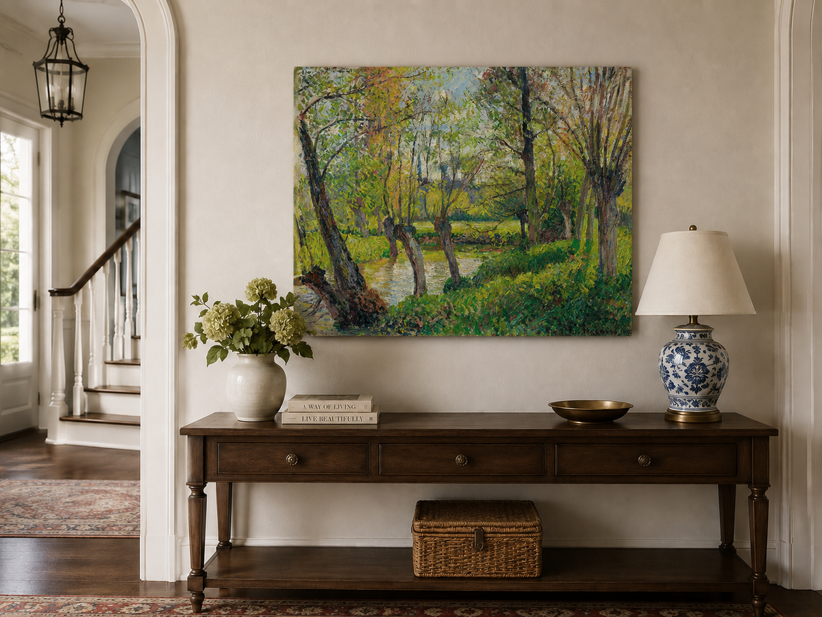 Landscape Oil Painting - Sunlit Riverside Grove in Spring