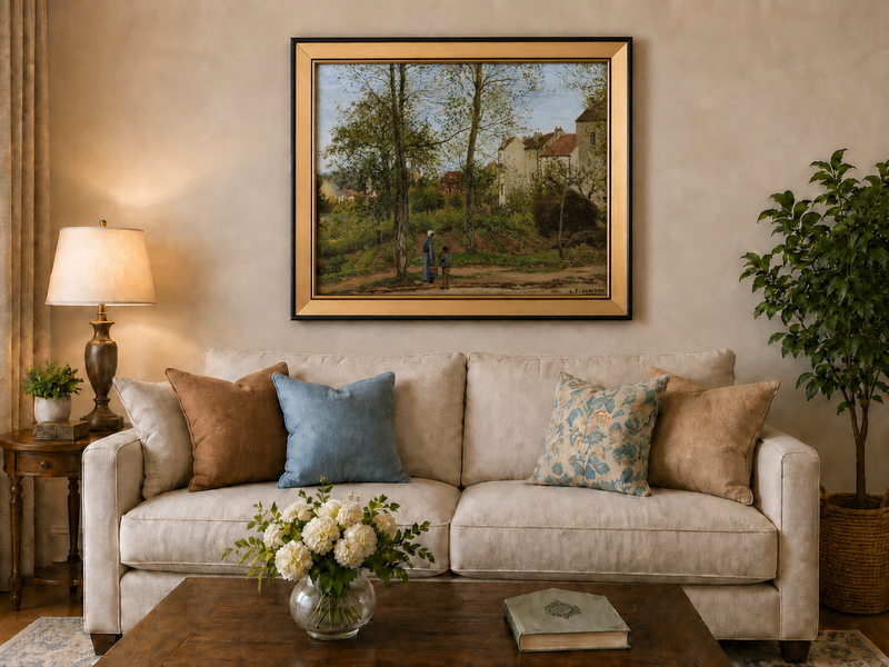 Landscape Oil Painting - Autumn Village Houses with Figures