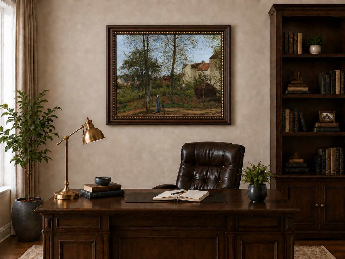 Landscape Oil Painting - Autumn Village Houses with Figures