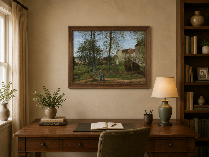 Landscape Oil Painting - Autumn Village Houses with Figures